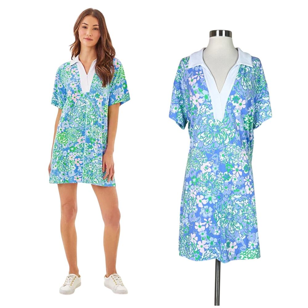 Lilly Pulitzer | Alden Floral Blue Green Sol Safe UPF 50 Polo Shift Dress XL